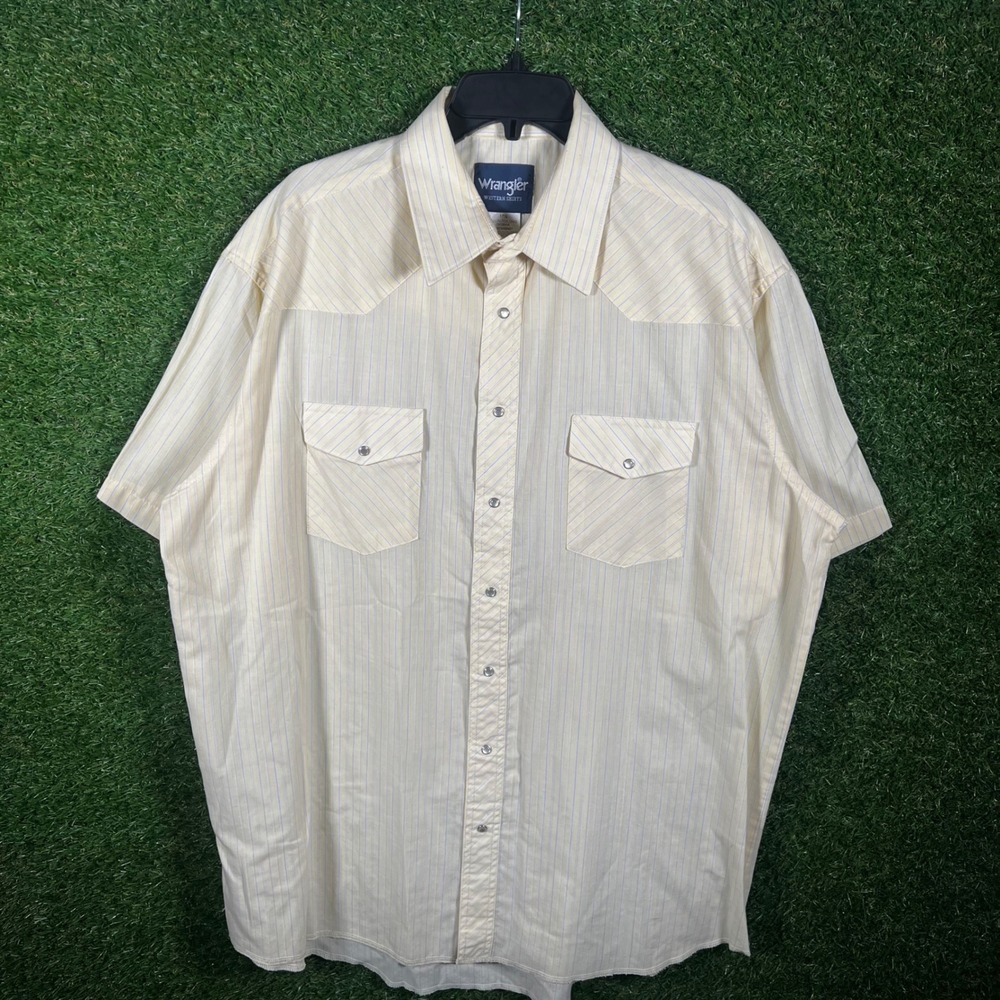 Wrangler Western Shirt Mens 17.5 Tall Yellow Striped Pearl‎ Snap Short Sleeve